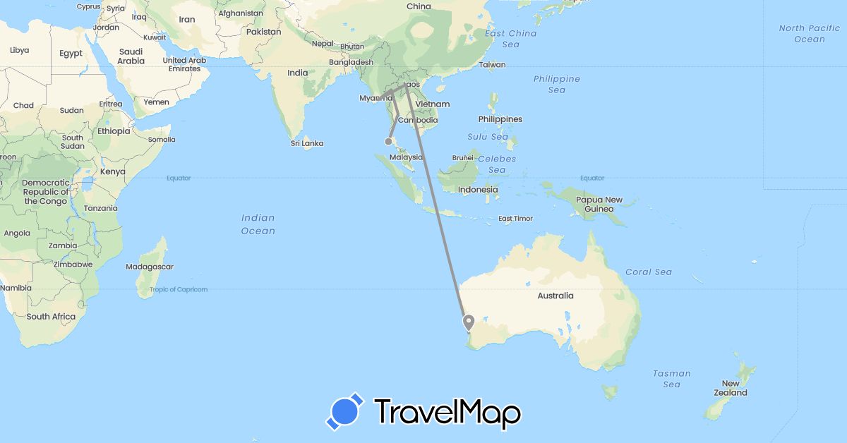 TravelMap itinerary: driving, plane in Australia, Laos, Myanmar (Burma), Thailand (Asia, Oceania)